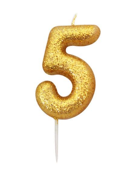 Number 5 Gold Glitter Candle