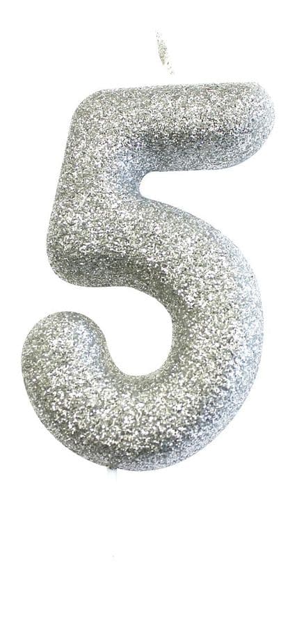 Number 5 Silver Glitter Candle