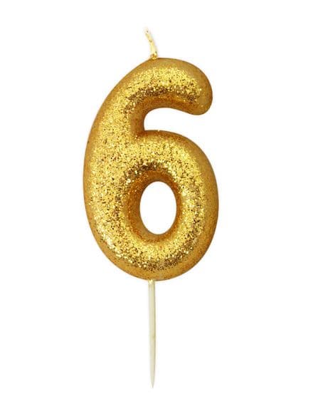Number 6 Gold Glitter Candle