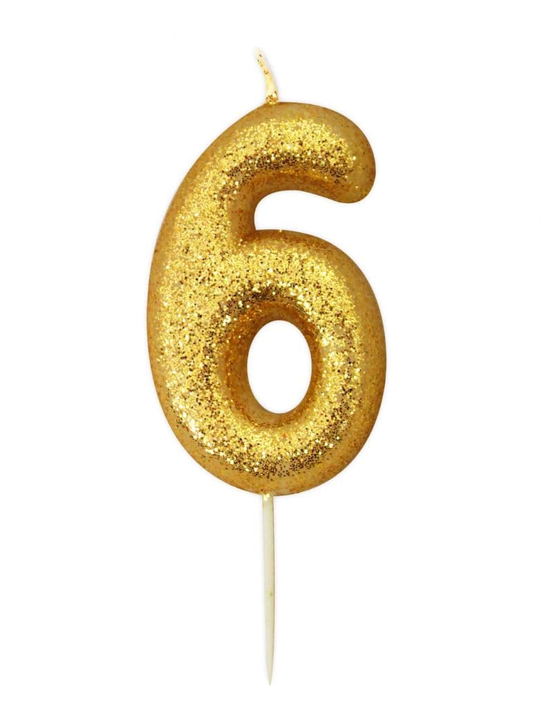 Number 6 Gold Glitter Candle