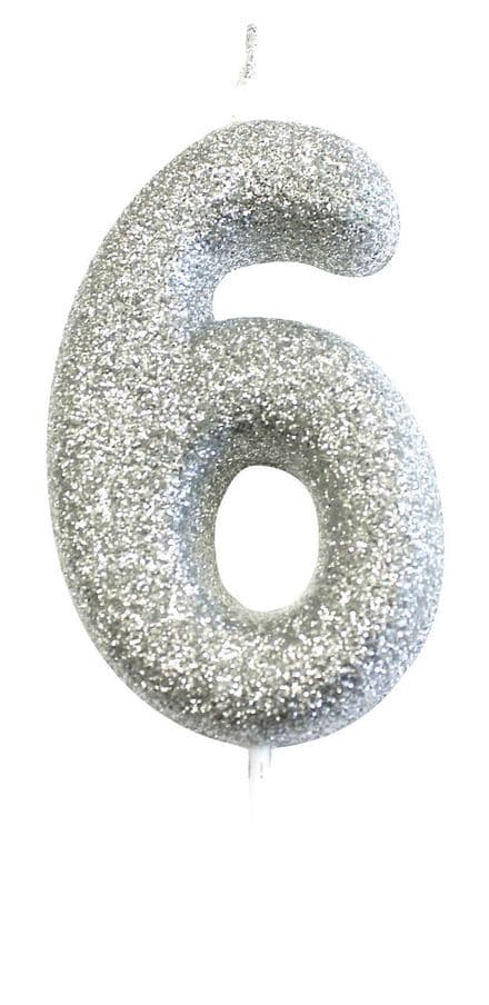 Number 6 Silver Glitter Candle