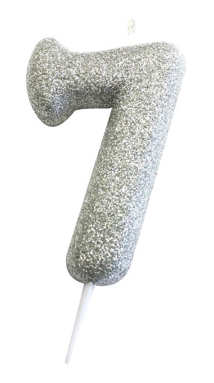 Number 7 Silver Glitter Candle