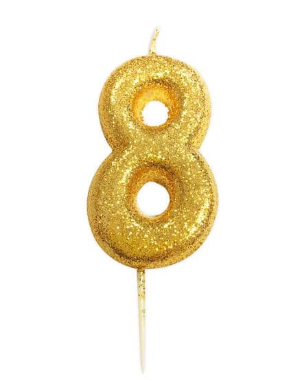 Number 8 Gold Glitter Candle