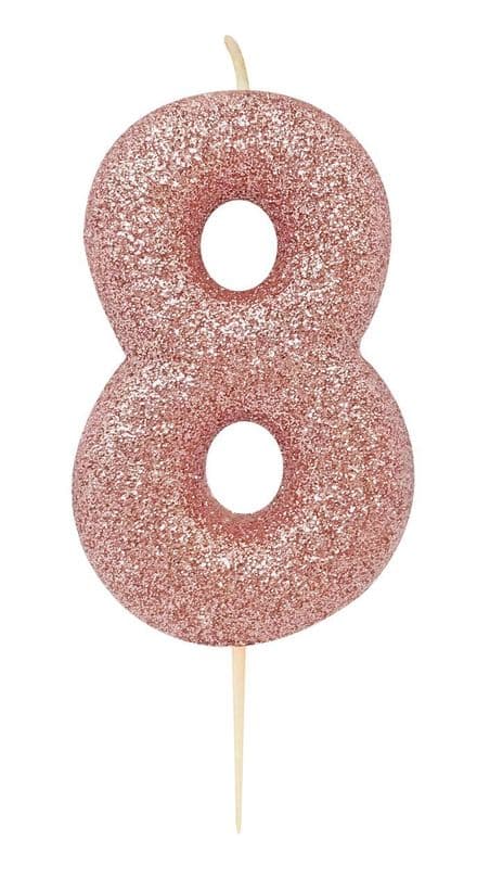 Number 8 Rose Gold Glitter Candle