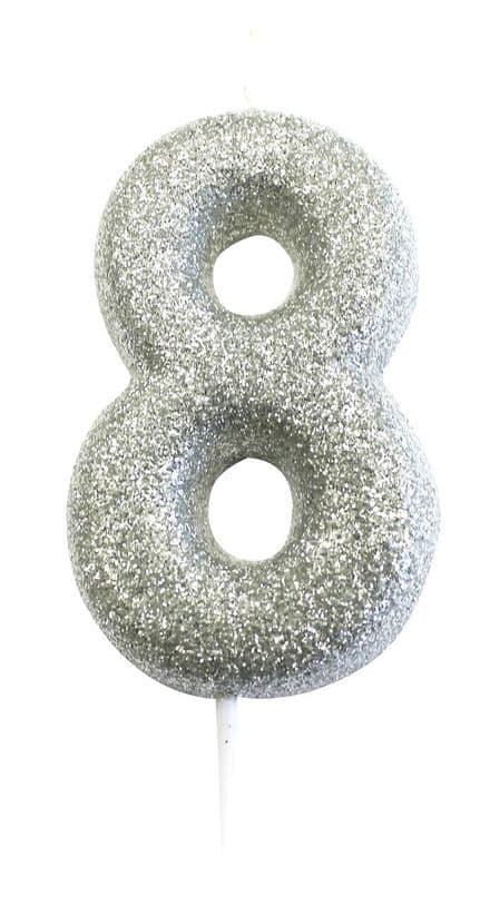 Number 8 Silver Glitter Candle