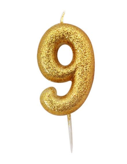 Number 9 Gold Glitter Candle