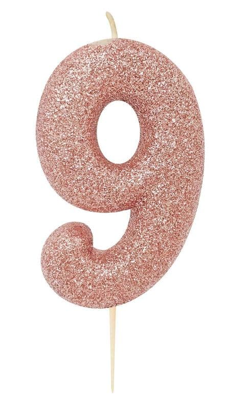 Number 9 Rose Gold Glitter Candle