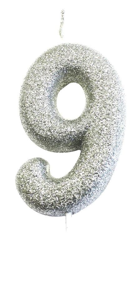 Number 9 Silver Glitter Candle