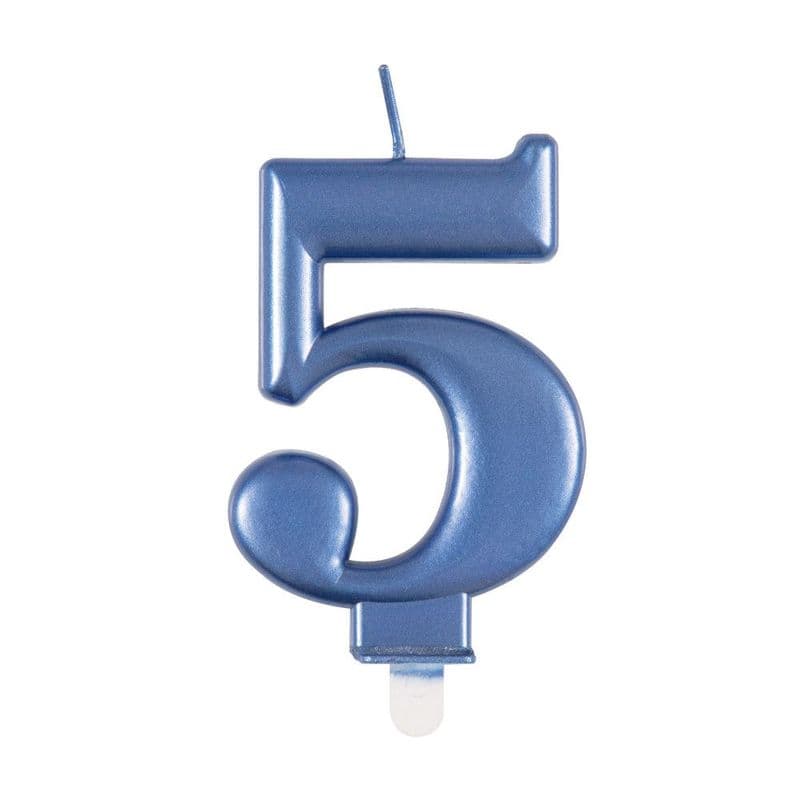 Number Five Blue Metallic Birthday Cake Candle