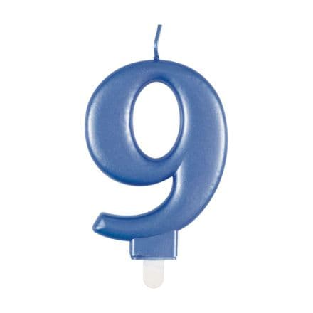 Number Nine Blue Metallic Birthday Cake Candle