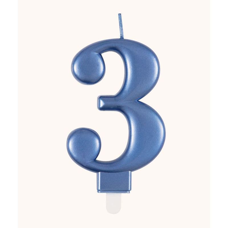 Number Three Blue Metallic Birthday Cake Candle