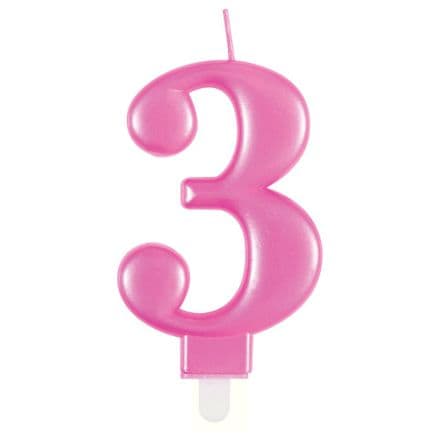 Number Three Pink Metallic Birthday Cake Candle