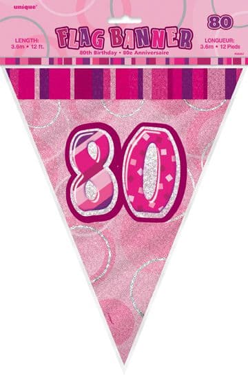 Pink Glitz '80th' Birthday Flag Banner