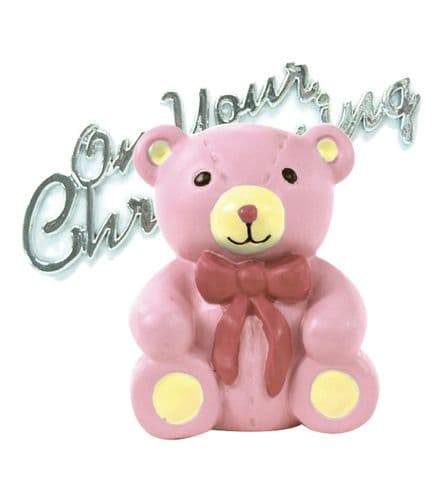Pink Teddy Bear Resin Topper with Christening Motto