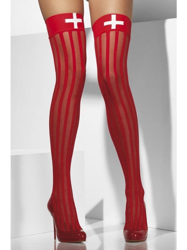 Red Sheer Cross Print Hold-Ups
