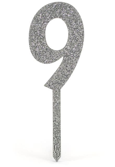 Silver Glitter 9 Cake Topper