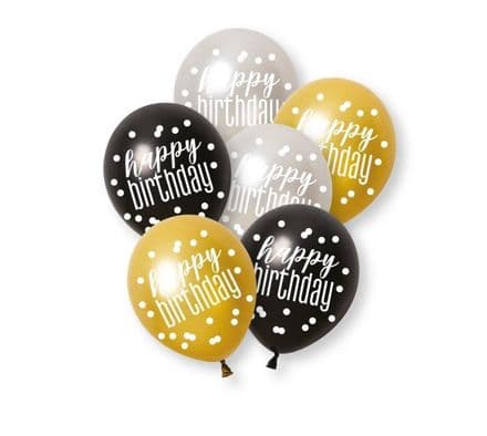 Unique 12" Latex Balloons - Black Glitz Happy Birthday 6pk