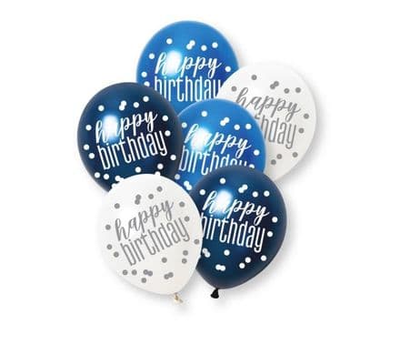 Unique 12" Latex Balloons - Blue Glitz Happy Birthday 6pk