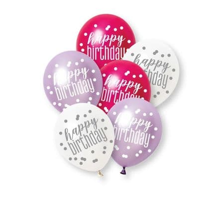 Unique 12" Latex Balloons - Pink Glitz Happy Birthday 6pk