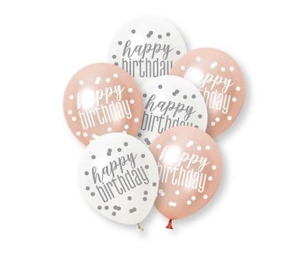 Unique 12" Latex Balloons - Rose Gold Glitz Happy Birthday 6pk