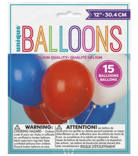 Unique Red, White & Blue 12" Latex Balloons 15 Pack