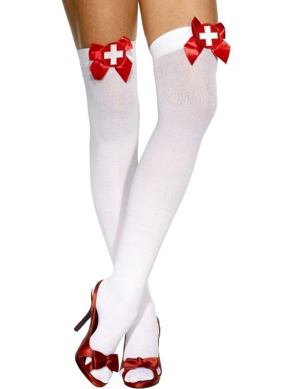 White Opaque Hold-Ups With Red Bow and Cross