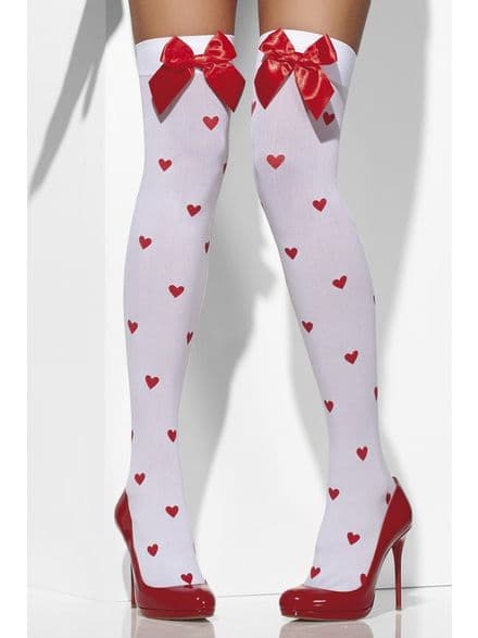 White Opaque Hold-Ups With Red Bow & Hearts Print