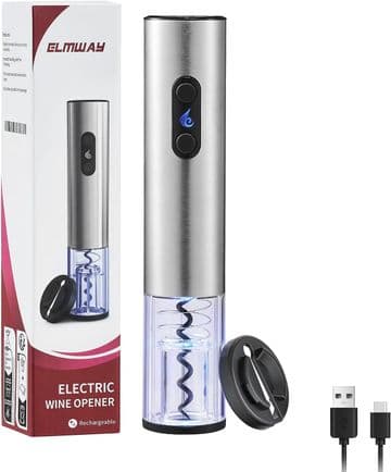 ELMWAY Rechargeable Electric Wine Opener USB-C Corkscrew LED Lights Foil Cutter & Stainless Steel