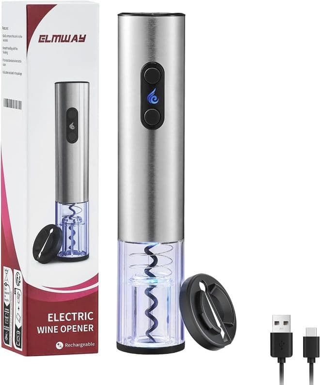 ELMWAY Rechargeable Electric Wine Opener – USB-C, LED, Stainless Steel, Foil Cutter