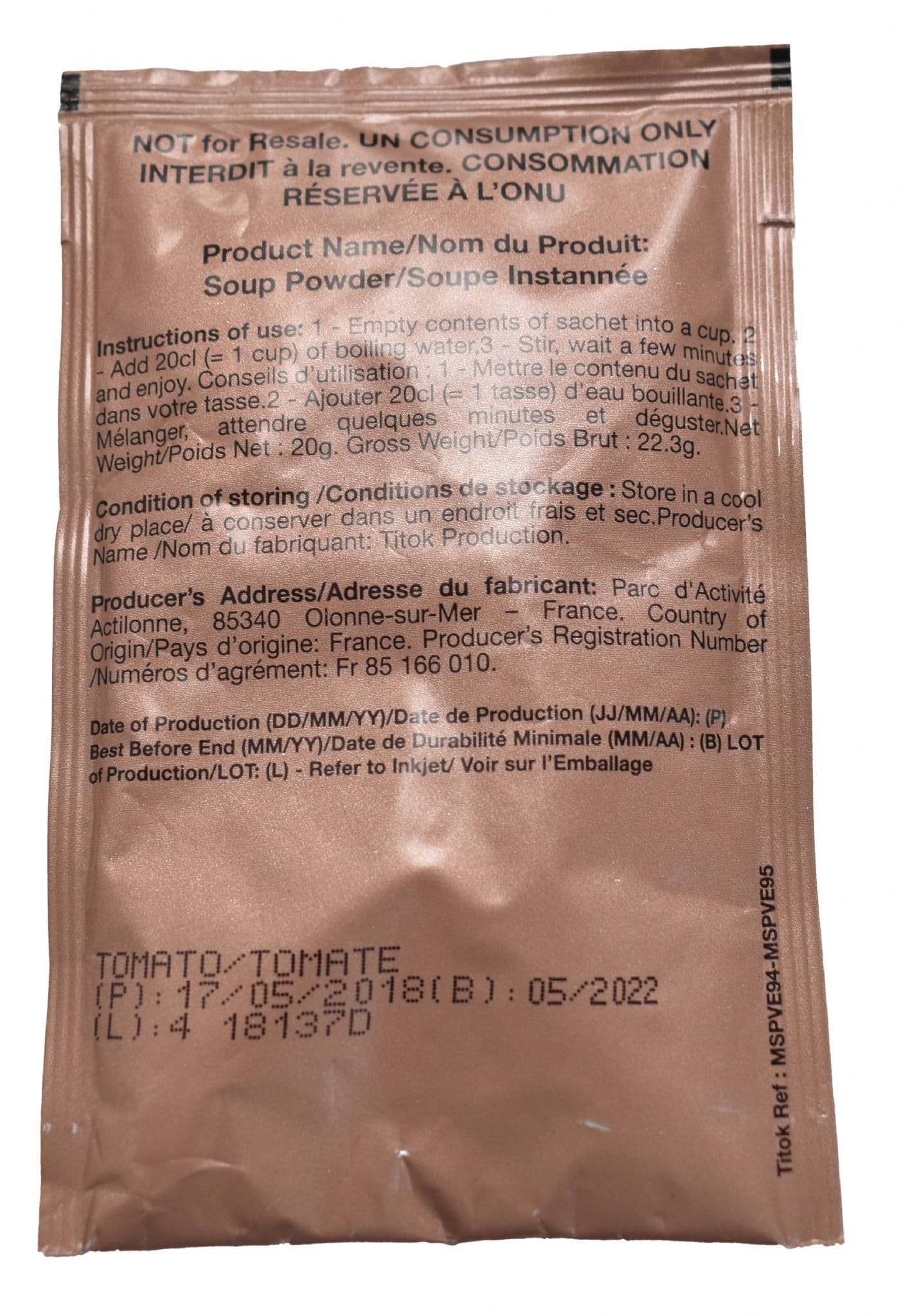 British Army Tomato Soup Ration Pack Meal Pouch 20g
