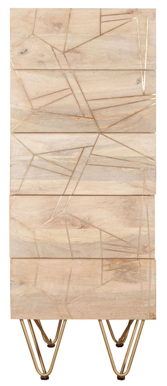 Brecon Light Mango Wood 5 Drawer Chest | Tall solid mango wood chest of drawers with metal inlays and hairpin legs.