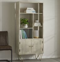Brecon Light Mango Wood Large 2 Door Bookcase | Solid mango wood tall 2 door, 5 shelf bookcase with metal inlays and hairpin legs.
