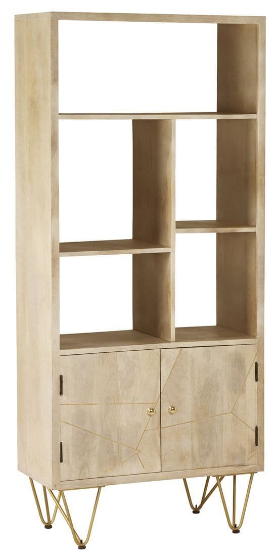 Brecon Light Mango Wood Large 2 Door Bookcase | Solid mango wood tall 2 door, 5 shelf bookcase with metal inlays and hairpin legs.