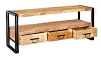 Cosmopolitan Large Plasma Stand | Large wide TV unit with three drawers and open shelf.