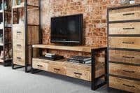 Cosmopolitan Large Plasma Stand | Large wide TV unit with three drawers and open shelf.
