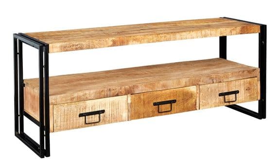 Cosmopolitan Large Plasma Stand | Large wide TV unit with three drawers and open shelf.