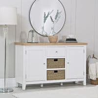 Earnley Dove White and Washed Oak Large Sideboard with Wicker Drawers