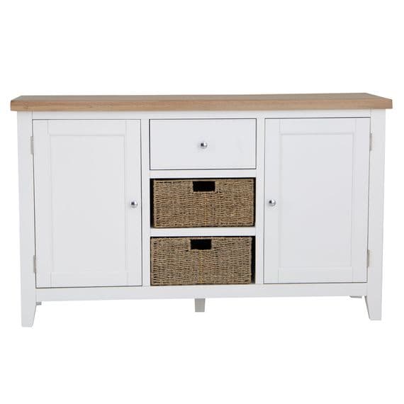 Earnley Dove White and Washed Oak Large Sideboard with Wicker Drawers