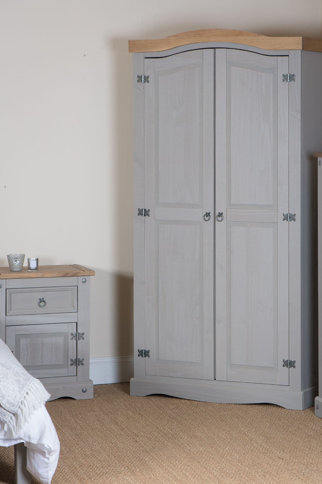 Corona Grey Wash 2 Door Ladies Wardrobe with Solid Natural Pine Top