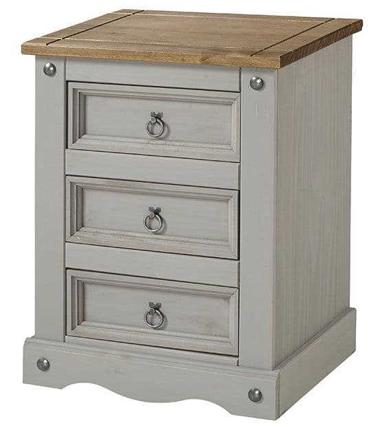 Corona Grey Wash 3 Drawer Bedside with Solid Natural Pine Top