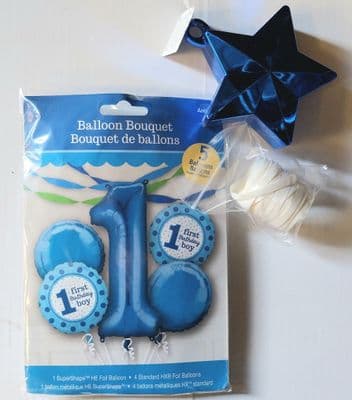 Blue 1st Birthday boy Foil balloons Pack- Foils, Weight, ribbon
