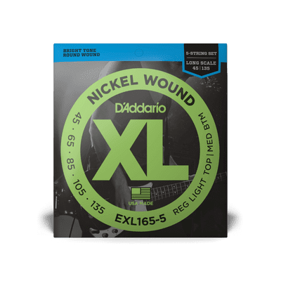 D'Addario XL-Series Nickel Wound 45-135 5-String Bass Guitar Strings, Long Scale (EXL165-5)