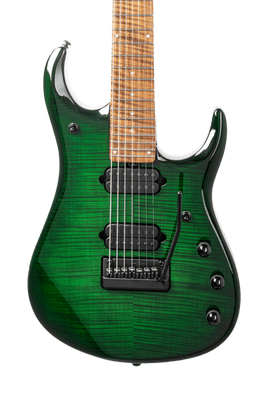 Musicman JP15 7 String - Green Tiger Eye Flame - Figured Roasted Maple/Maple - No Pickguard