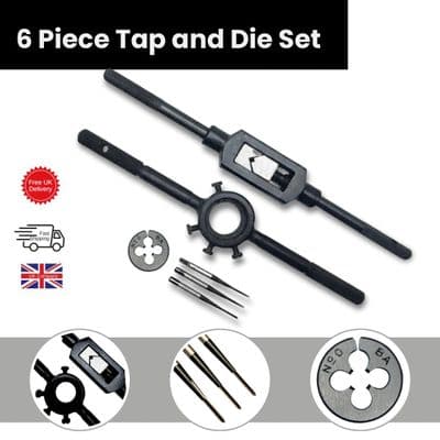 6 Piece Tap and Die Set includes 0 BA 3 Taps Set, 0 BA Die, Tap Wrench & Die Holder.  M9201