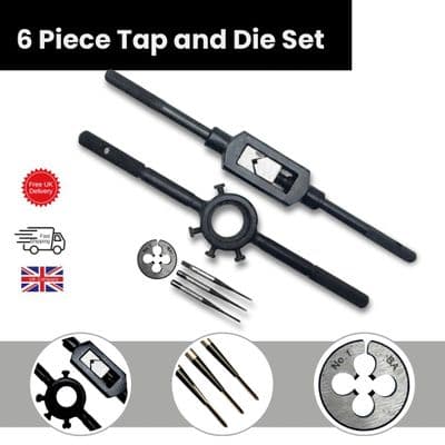 6 Piece Tap and Die Set includes 1 BA 3 Taps Set, 1 BA Die, Tap Wrench & Die Holder. M9202