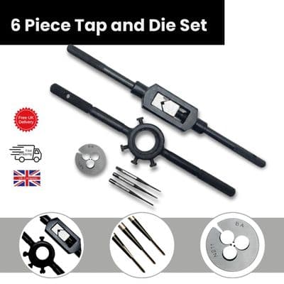 6 Piece Tap and Die Set includes 11 BA 3 Taps Set, 11 BA Die, Tap Wrench & Die Holder. M9212