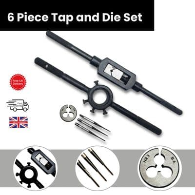 6 Piece Tap and Die Set includes 3 BA 3 Taps Set, 3 BA Die, Tap Wrench & Die Holder. M9204