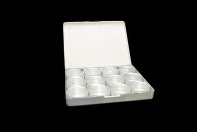 Aluminium 12 Clear Storage Boxes in Tray x 2, 39mm Dia Pots. Beads, Findings, Jump Rings. S7774