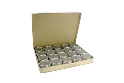 Aluminium 20 Clear Storage Boxes in Tray x 1, 30mm Dia Pots. Beads, Findings, Jump Rings. S7777