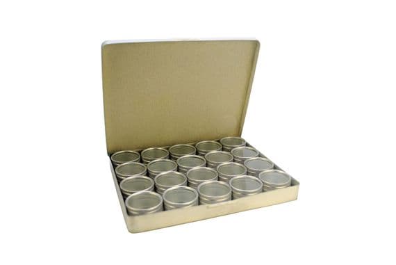 Aluminium 20 Clear Storage Boxes in Tray x 10, 30mm Dia Pots. Beads, Findings, Jump Rings. S7780